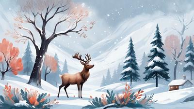 Primary subject: A deer standing in the snow.

Setting/background: The deer is standing in a snowy field with trees in the background.

Visual style: The image is a digital art or illustration.

Colors and mood: The image has a cold and serene atmosphere, with the primary colors being white and shades of gray and blue.